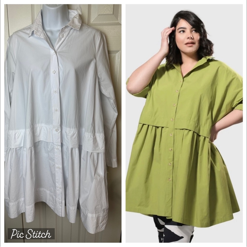 ALEMBIKA Babydoll Tunic Top Shirt Dress Crisp White Tiered Blouse Oversized